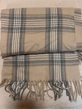 J. Crew Beige and Gray Plaid Fringe Scarf